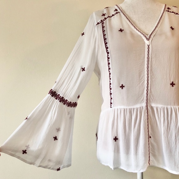 Aqua Boho Embroidered Flare Sleeve Peplum Top - Picture 4 of 12